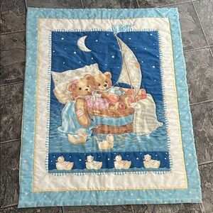 Handmade SMOOTH SAILING BEARS Vintage Unisex Baby Quilt Pink Blue Yellow Cozy